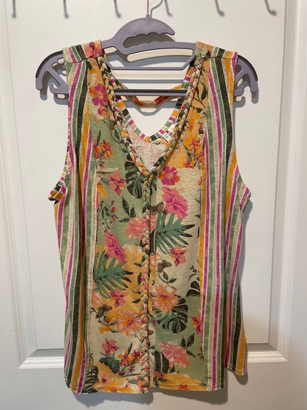 Cato Floral & Stripe V-Neck Tank Top - Pink, Green & Yellow